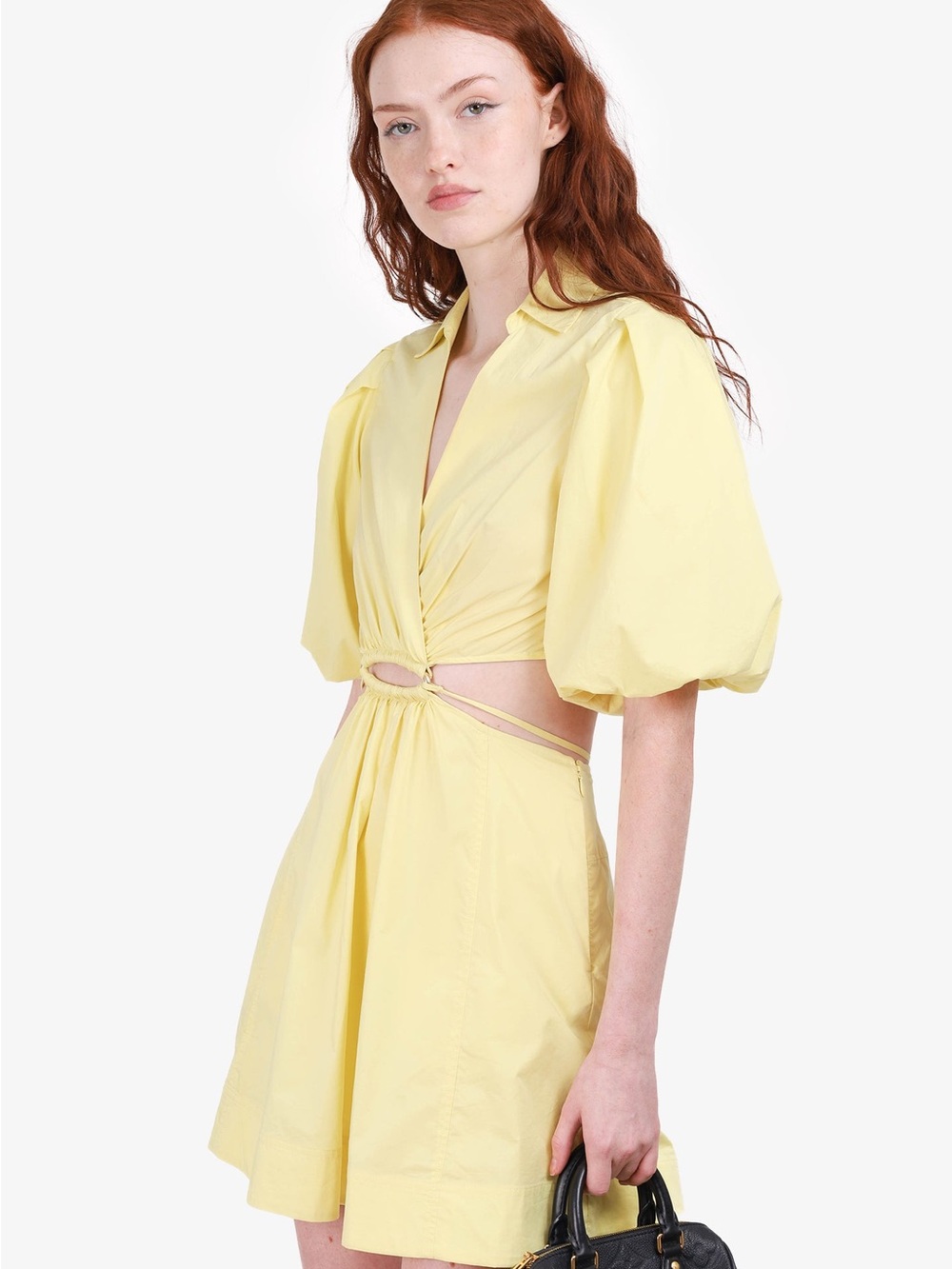 Jonathan Simkhai Aulora Yellow Puff-Sleeve Cutout Mini Dress, Size L
